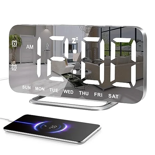 Slim Mirror LED Alarm Clock, Silver