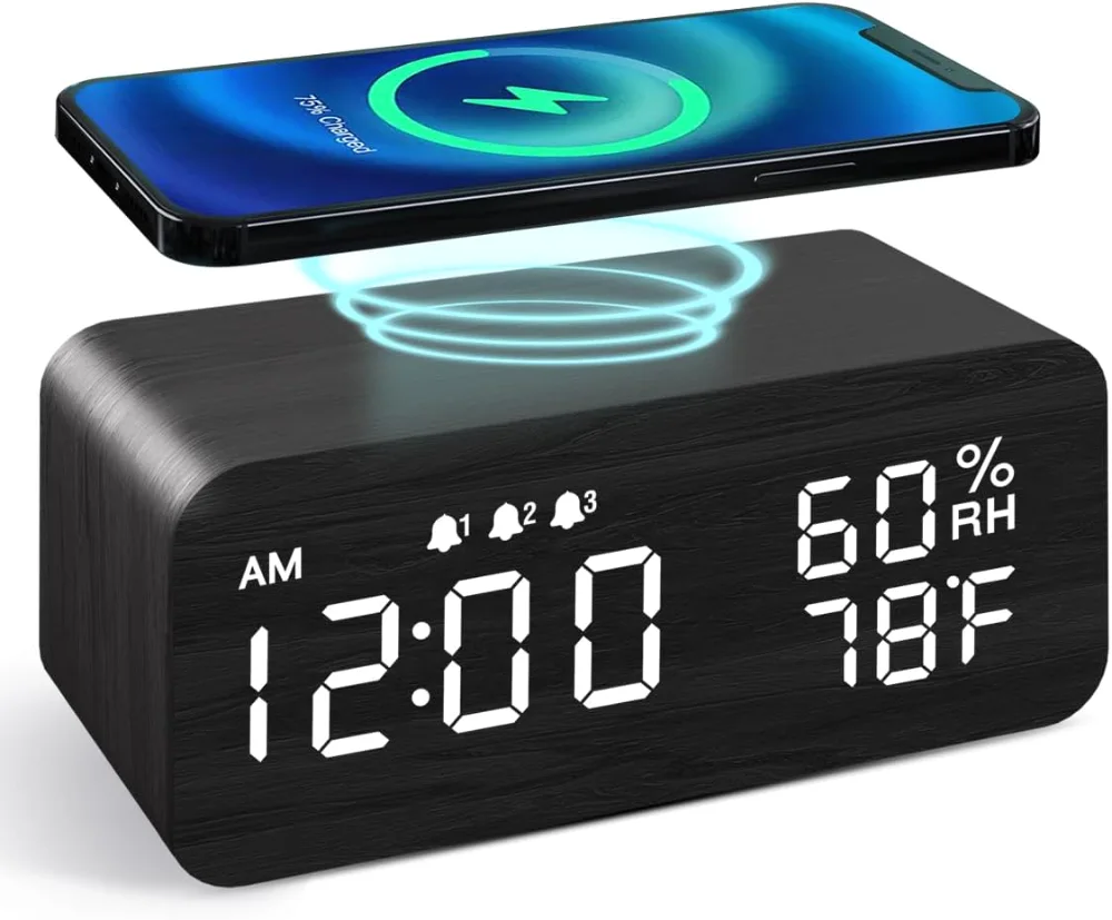 Wooden Alarm Clock with Wireless Charging