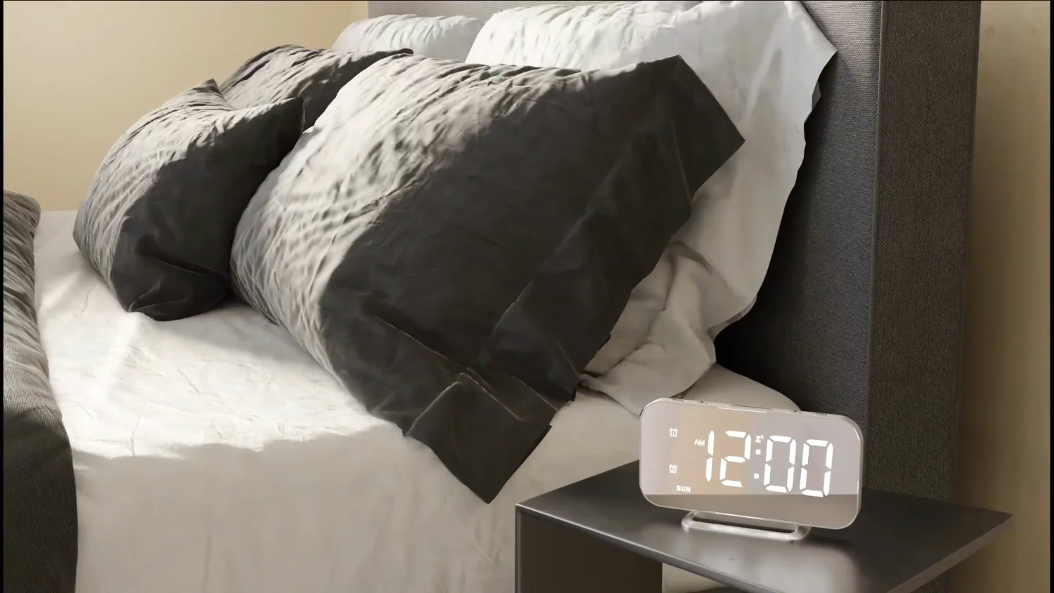 A JALL mirror alarm clock on a nightstand beside a made bed