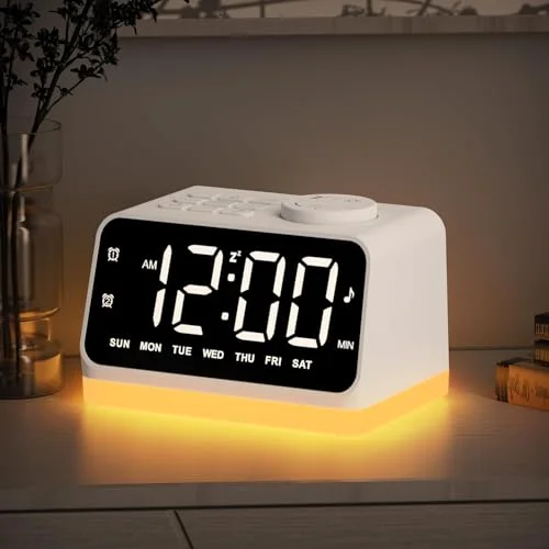 Alarm Clock with FM Radio and Night Light, White, White digits