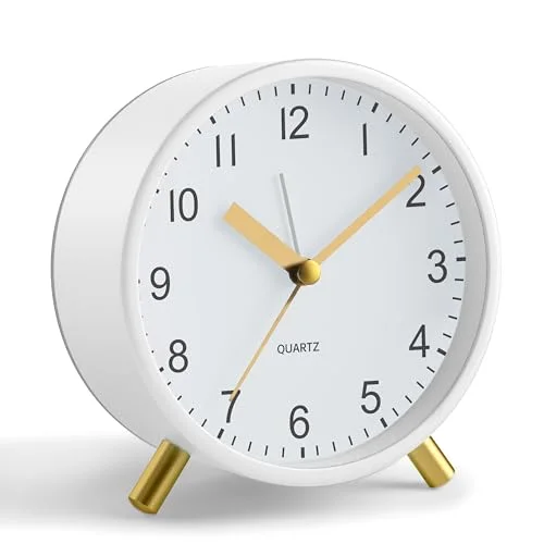 Silent Analog Alarm Clock with Night Light, White