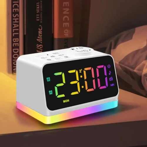 Alarm Clock with FM Radio and Night Light, White, RGB digits