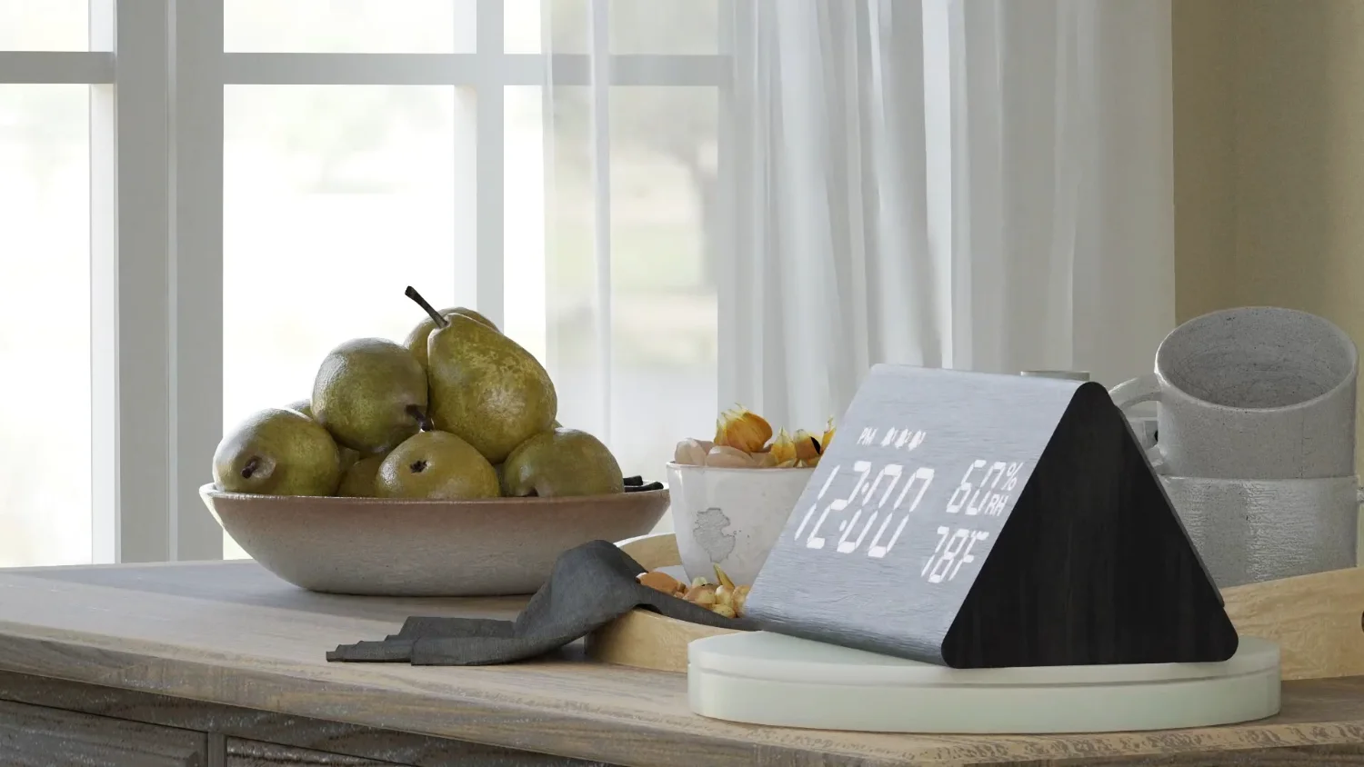 A JALL wooden alarm clock in white on a kitchen counter