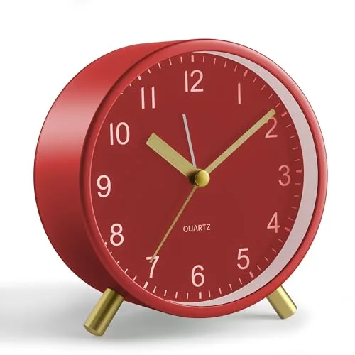 Silent Analog Alarm Clock with Night Light, Red