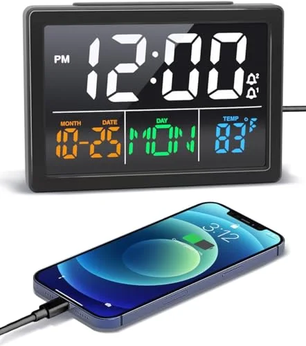 Bedside Clock with Day and Date, Black