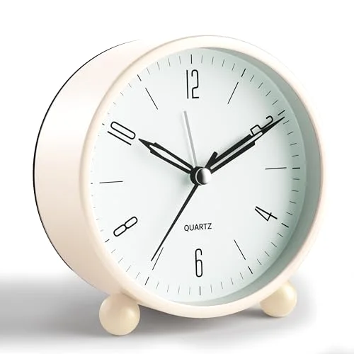 Silent Analog Alarm Clock with Night Light, Beige
