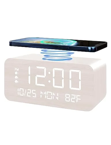Wooden Alarm Clock with Wireless Charging, Slim