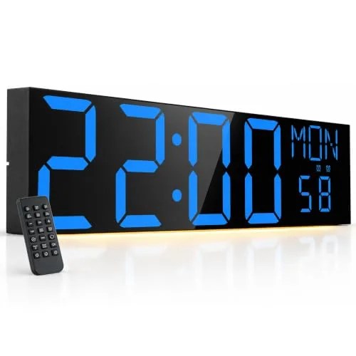 30-inch Giant Digital Wall Clock with Remote, Black, Blue digits