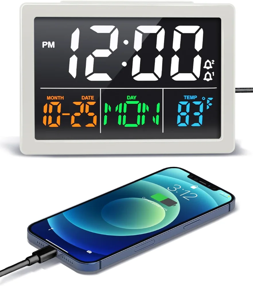 Bedside Clock with Day and Date, White