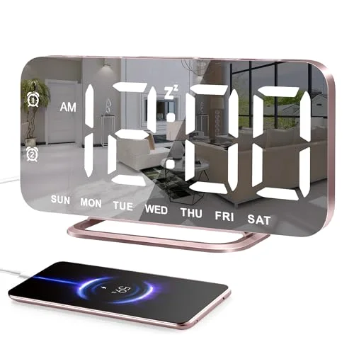 Slim Mirror LED Alarm Clock, Rose gold