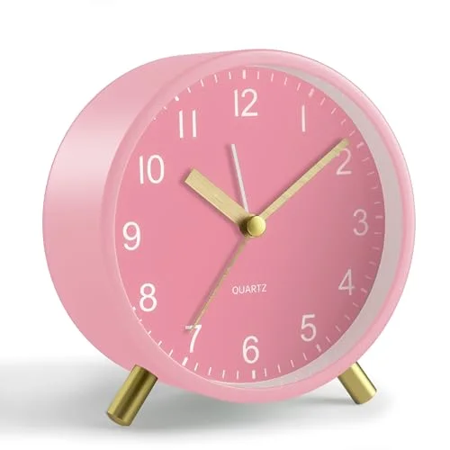 Silent Analog Alarm Clock with Night Light, Pink