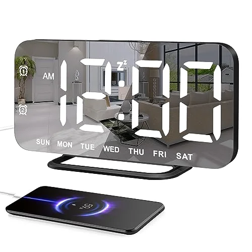 Slim Mirror LED Alarm Clock, Black