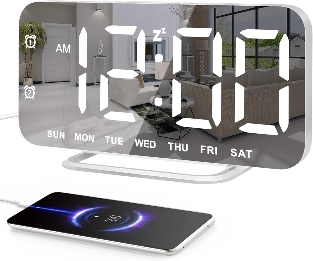 Slim Mirror LED Alarm Clock, White