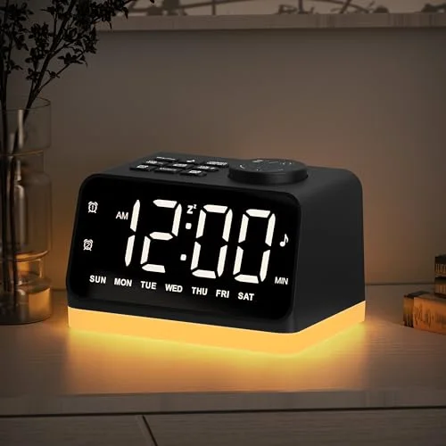 Alarm Clock with FM Radio and Night Light, Black, White digits