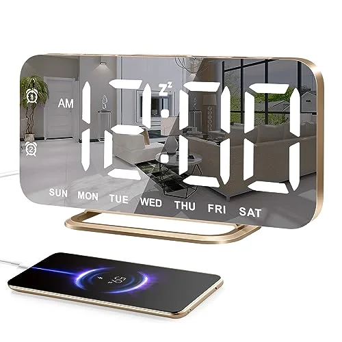 Slim Mirror LED Alarm Clock, Gold