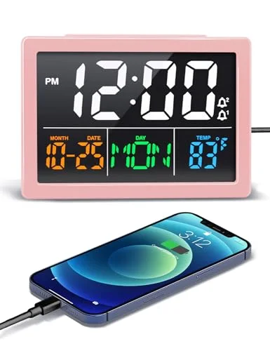 Bedside Clock with Day and Date, Pink