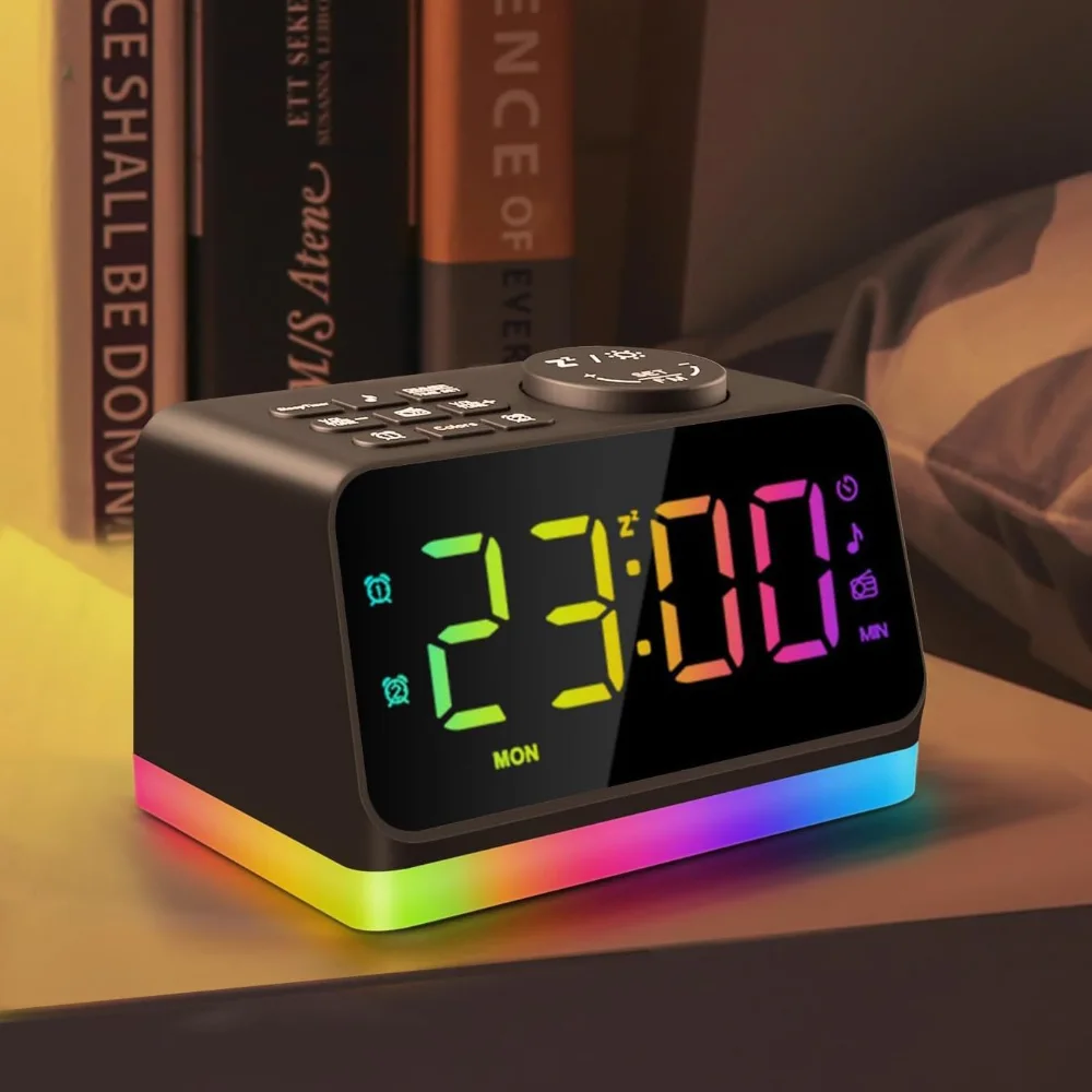 Alarm Clock with FM Radio and Night Light, Black, RGB digits