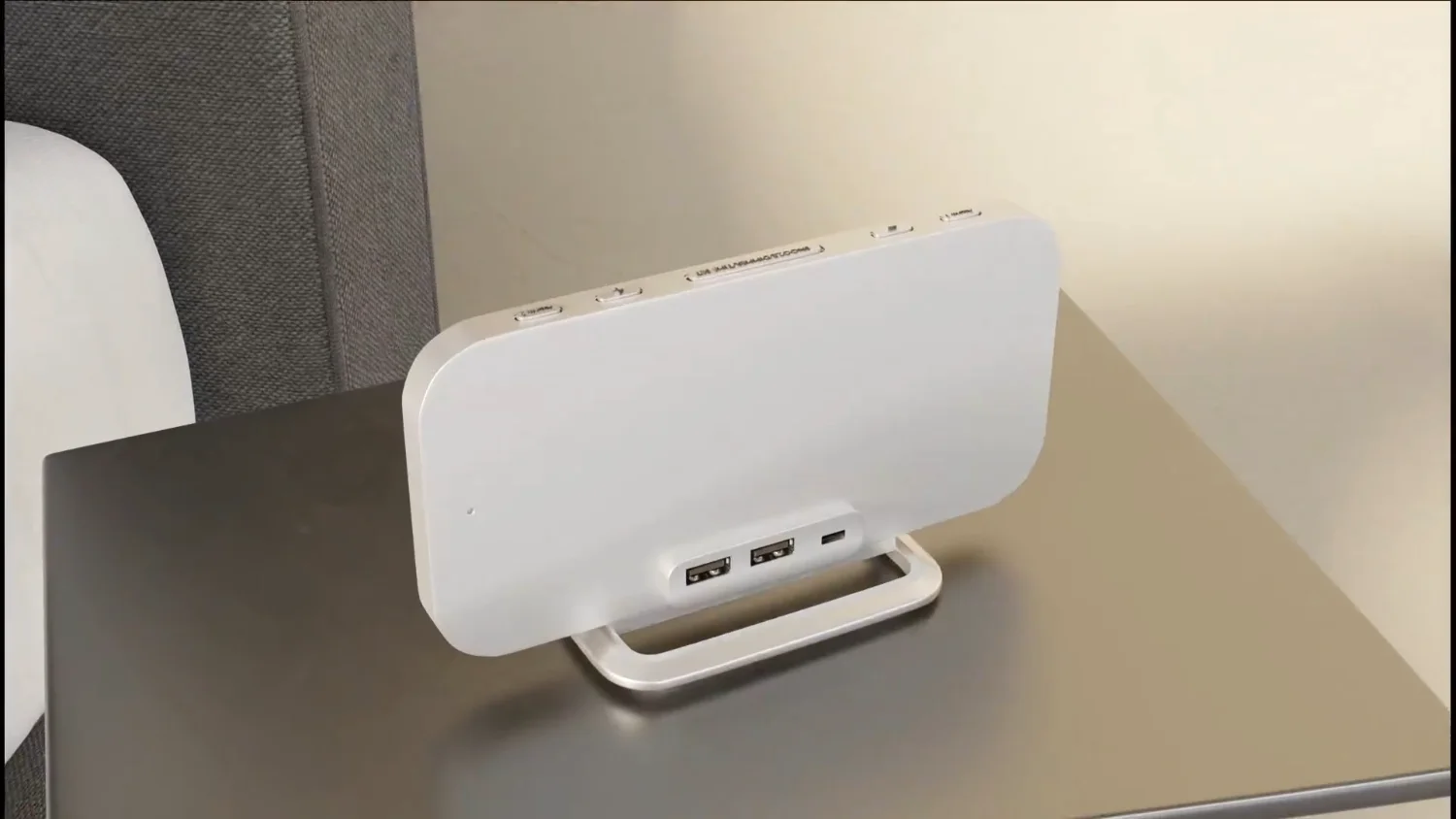 The back of a JALL slim mirror alarm clock, ports and stand