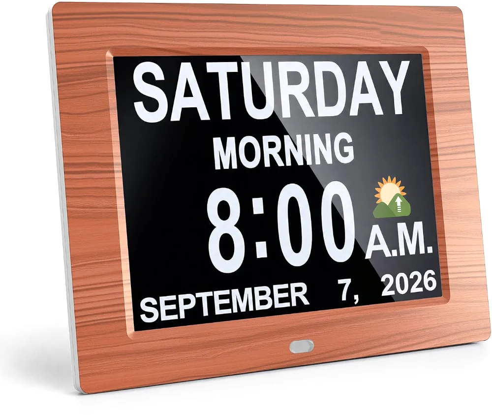 Digital Calendar Day Clock, 8-inch, Wood